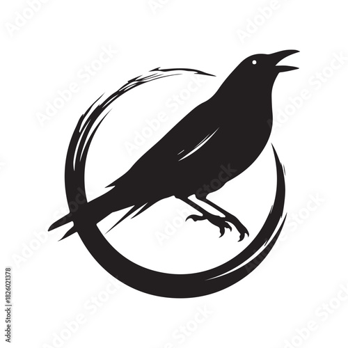 Black silhouette of a crow perched on a circular design emblem representing freedom and nature elegance