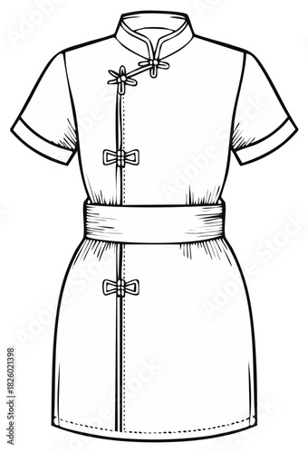 Illustration of a Chinese style tunic dress with belt and decorative closures