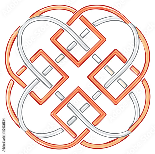 Intricate symmetrical Celtic knot with interwoven copper and silver bands in a circular design