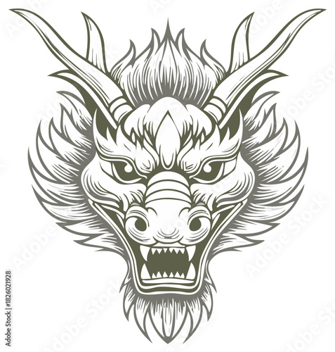 Powerful mythical Asian dragon head with sharp fangs and horns in a detailed vector line art style