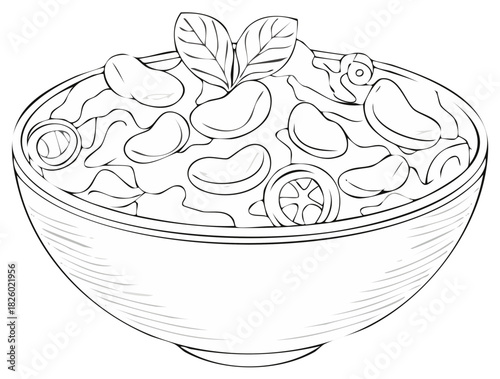 Hand drawn bowl of hearty bean soup with vegetables and basil sketch for coloring