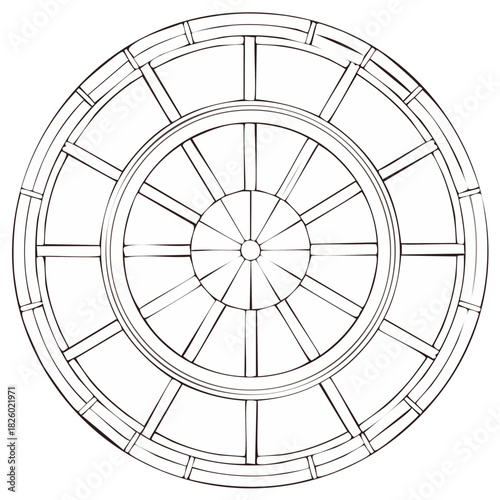 Circular spoked wheel outline symmetrical pattern abstract geometric design