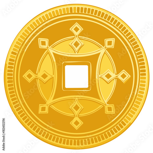 Intricate Golden Asian Coin Symbol with Geometric Design for Prosperity and Fortune