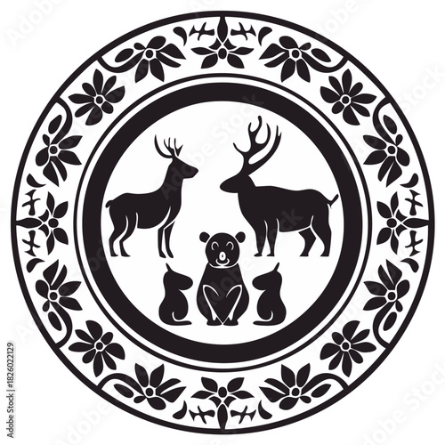 Black and white circular motif featuring woodland animals and floral border