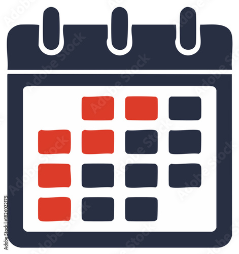 Calendar icon with days marked in red and dark blue. Time planning concept.