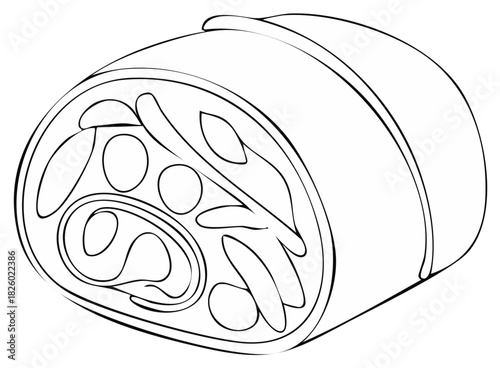 Illustration of a rolled food item, cut in a cross section, with internal details
