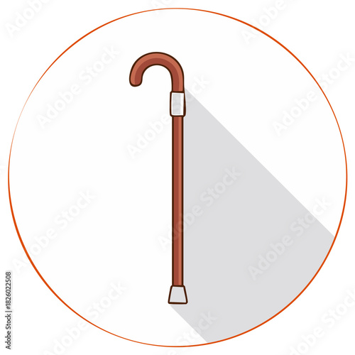 Simple flat design wooden walking cane with shadow inside circle
