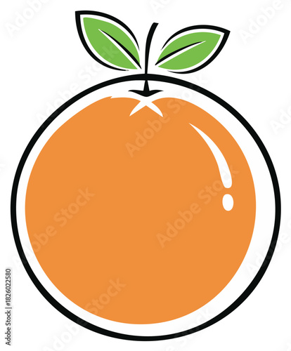 Cartoon illustration of a fresh orange fruit with leaves and a stem