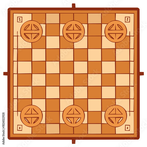 Ancient style checkered strategy board game with unique round tokens cartoon illustration
