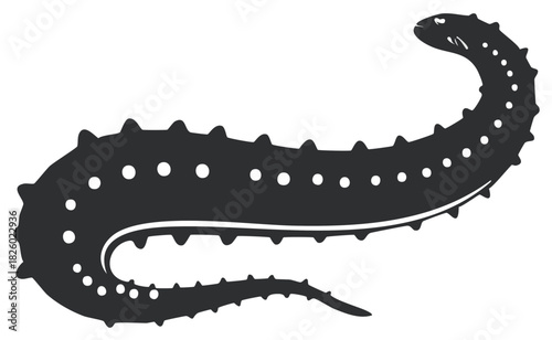Stylized black silhouette of an aquatic creature with spiny body and internal dots