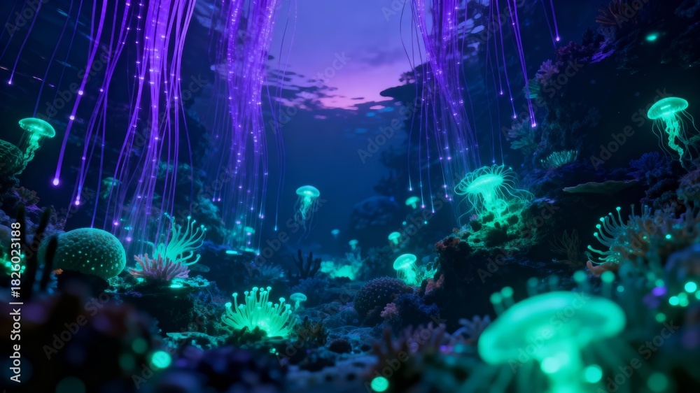 Naklejka premium Bioluminescent Deep Sea Alien Flora Glow Cyan Purple 4K Background AI 