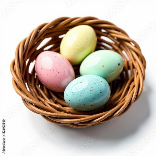 Speckled & solid pastel eggs nestled in rustic basket, isolated, painted eggs, pastel