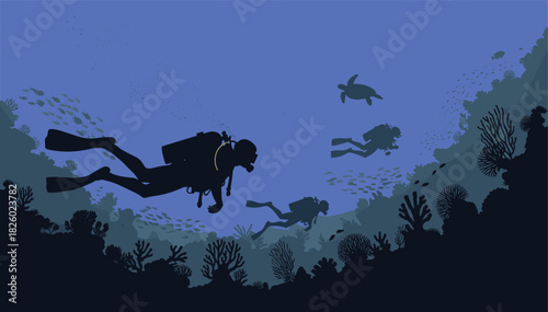 underwater, ocean, marine, silhouette, sea, diver, fish, coral, reef, turtle, nature, blue, biodiversity, ecosystem, aquatic, swimming, scuba, exploration, illustration, design