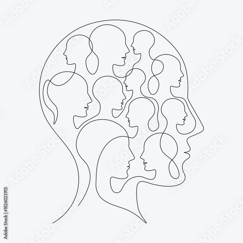 one line art of Metaphor bipolar disorder, Double face, Split personality, Parkinson, Dual personality and Mental health illness.