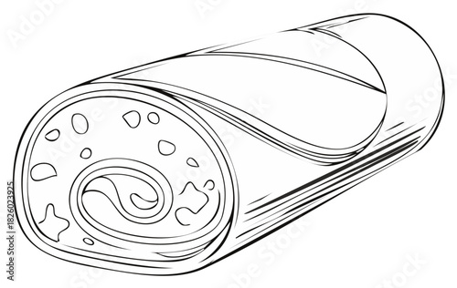 Burrito wrap fast food roll in a black and white line art illustration style
