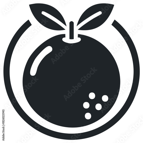 Orange fruit icon with leaves, inside an outline circle, minimal design