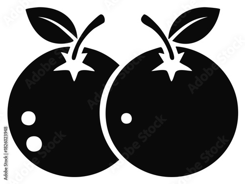 Stylized black icon of two fresh citrus fruits with leaves and stems minimalist design element