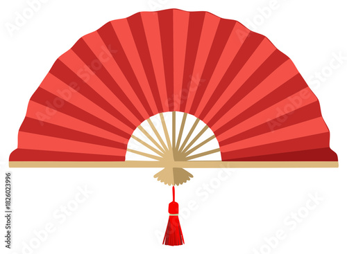 Vector illustration of a red hand fan with tassel on a white background.