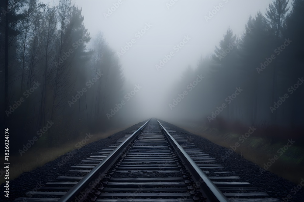 Fototapeta premium Atmospheric forest railway shot with old tracks receding into dense fog through woodland under moody dawn light and quiet solitude foggy morning in the forest