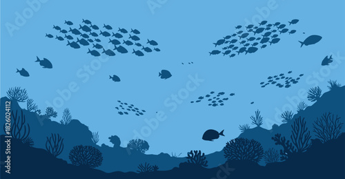 underwater, ocean, marine, silhouette, sea, fish, coral, reef, nature, biodiversity, ecosystem, blue, aquatic, school, swimming, design, vector, illustration, environment, plants