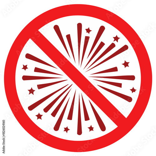 Firework restriction sign with red circle and line prohibiting pyrotechnics for safety measures and environmental protection, celebrations banned