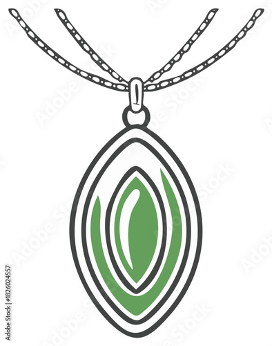 Minimalist chain pendant with a green stone charm. Jewelry illustration isolated on white