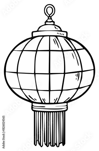 Traditional Asian festive lantern line art illustration with grid pattern and decorative tassels