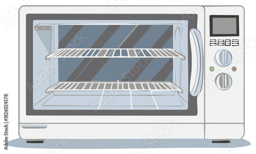 Open White Kitchen Oven With Two Shelves And Digital Controls