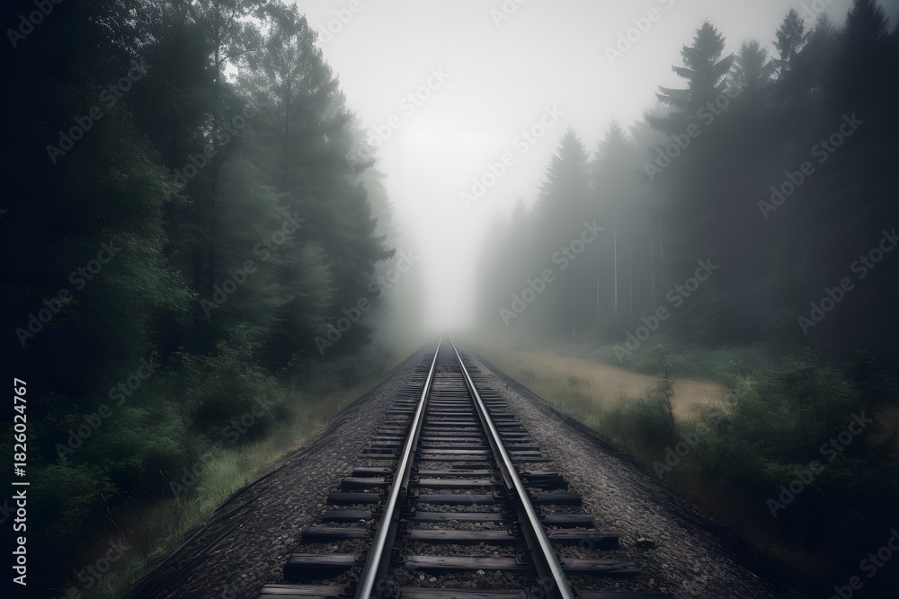 Fototapeta premium Minimalist moody landscape of railway tracks extending into misty forest horizon with soft light and mysterious nature ambiance railroad in fog