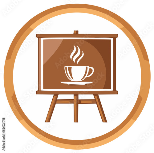 Artwork of a coffee or tea symbol presented on a wooden easel within a circular border design