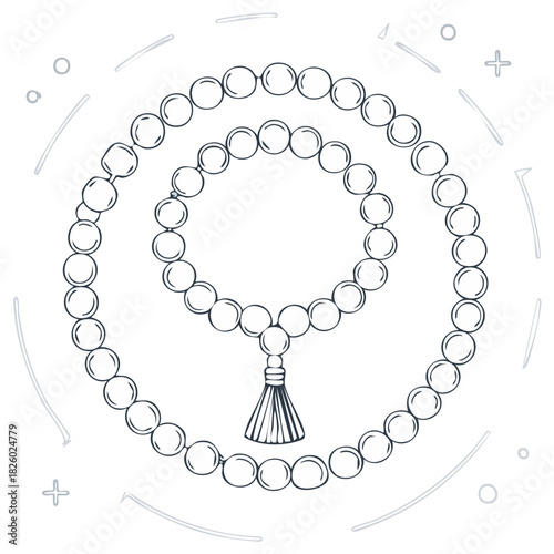 Hand drawn prayer beads with tassel and circular decorative elements