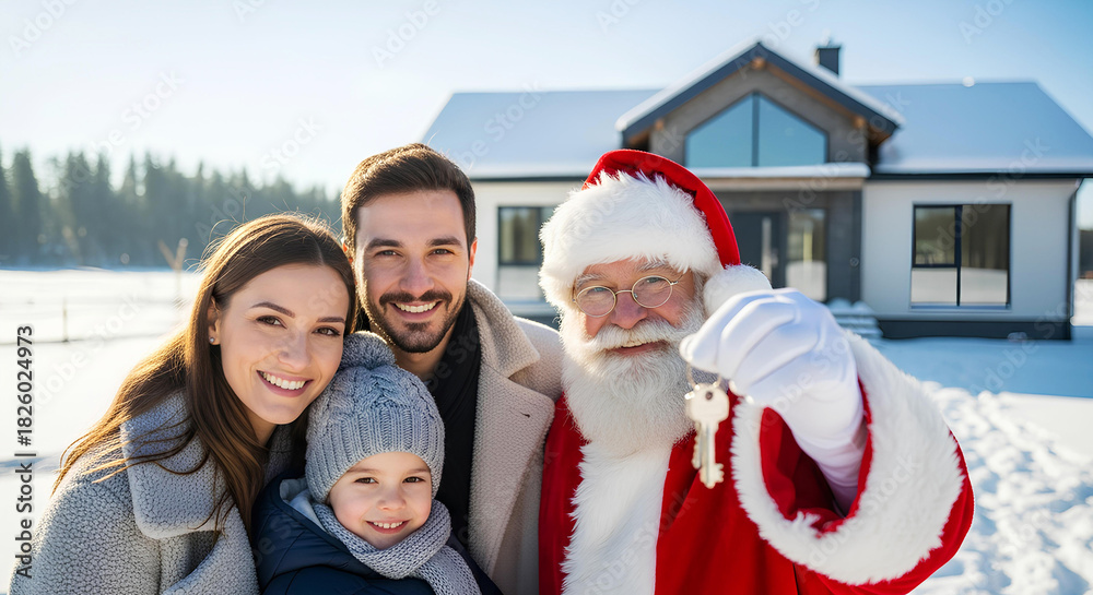 Obraz premium Happy European couple smiling in front of their new house as Santa Claus hands them the keys, celebrating Christmas and the joy of buying a home during the holidays.
