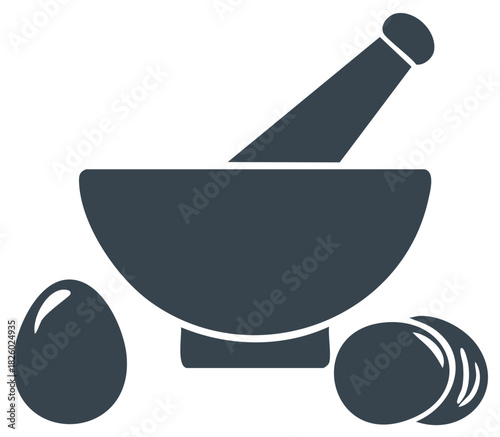Mortar and pestle with eggs simple vector icon for cooking ingredients and food preparation