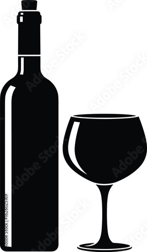 wine, bottle, glass, silhouette, drink, alcohol, black, white, illustration, design, beverage, dining, celebration, party, elegant, icon, hospitality, stemware, kitchen, bar