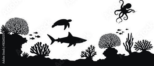 underwater, ocean, marine, silhouette, sea, wildlife, fish, coral, shark, turtle, octopus, nature, vector, design, black, white, ecosystem, biodiversity, aquatic, illustration