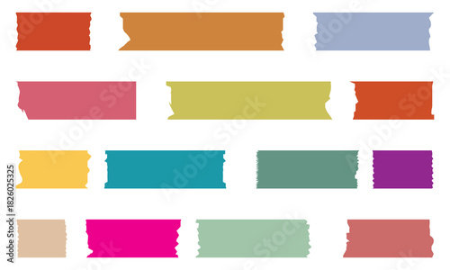 Adhesive tape strips set on white background. Adhesive tape pieces with different textures and lengths displayed on a white background for design, scrapbooking, and digital layouts.
