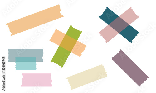Adhesive tape strips set on white background. Adhesive tape pieces with different textures and lengths displayed on a white background for design, scrapbooking, and digital layouts.
