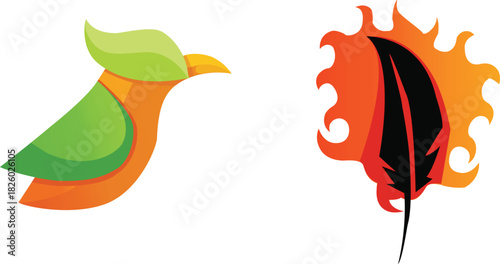Stylized bird and fiery feather logos isolated on white background
Two distinct graphic logos are displayed. A stylized bird with green leaf wings and an orange body. A black feather against a fiery o