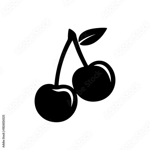 Black Silhouette of Two Cherries with Leaf Isolated  for Fresh Fruit Concept
