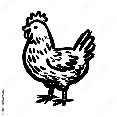 Illustrated Chicken in Simple Black and White Style Perfect for Farmyard or Agricultural Themed Projects