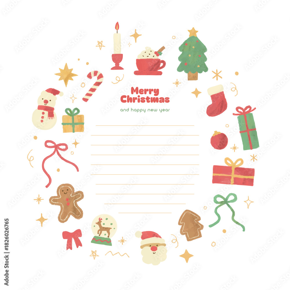 Fototapeta premium Cute Warm Hand Drawing for Christmas Color Pencil Acrylic Watercolor Illustration Doodles