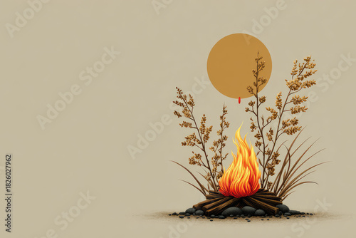 Bonfire burning brightly with people dancing in silhouetted forms, creating a warm ambiance and representing the joy and community spirit of a traditional harvest festival