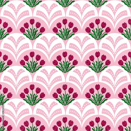 Seamless pattern of tulip flowers with scallop pattern.Elegant and feminine floral pattern for art decoration, wallpaper, textiles, and wrapping paper.