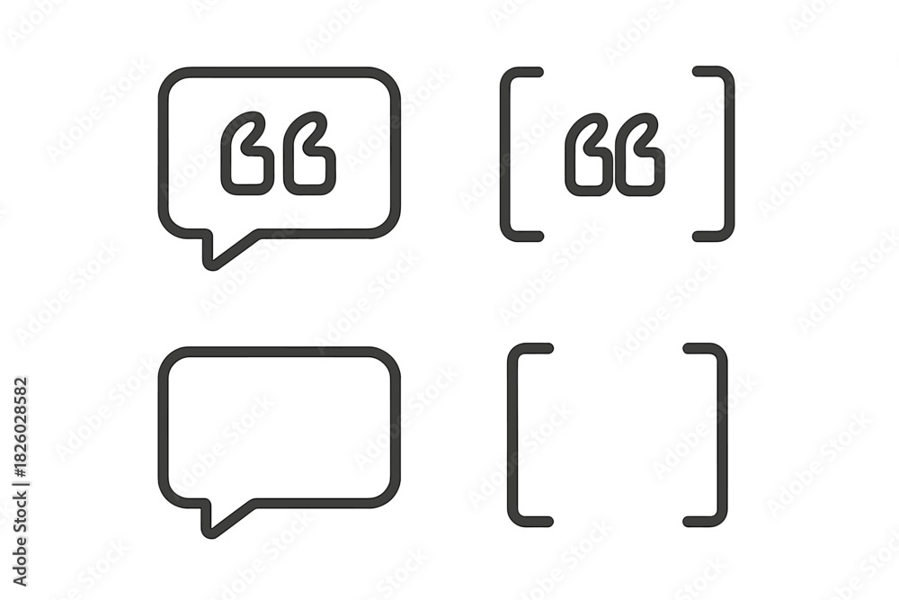 Naklejka premium Quote marks, speech bubbles, and square brackets icons for text citation and communication