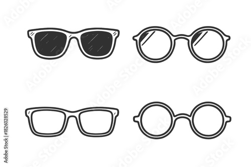 Hand drawn doodle outline of various styles of eyeglasses and sunglasses in black and white