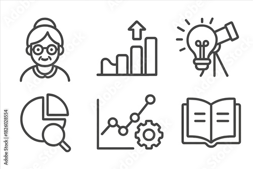 Set of business, education, and data analysis symbols including charts, lightbulb, book, and elderly person