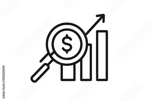 Financial analysis and growth concept with magnifying glass searching for profit on a rising bar graph