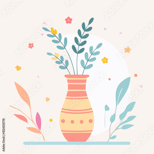 Vibrant Yellow and Pink Ceramic Vase with Green and Blue Foliage and Soft Pastel Floral Accents on a Light Peach Background