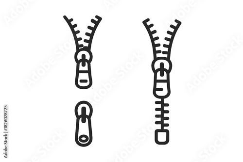 Collection of outline symbols showing zippers and pull tabs for garments and repair