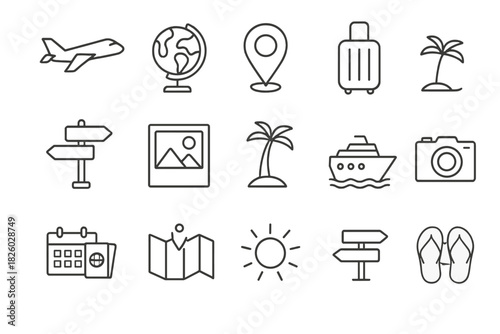 Essential travel and vacation symbols for tourism planning and global navigation
